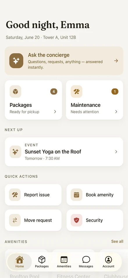 Luxe resident app home screen