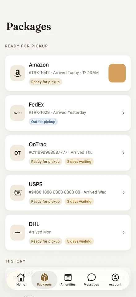 Luxe resident app packages screen