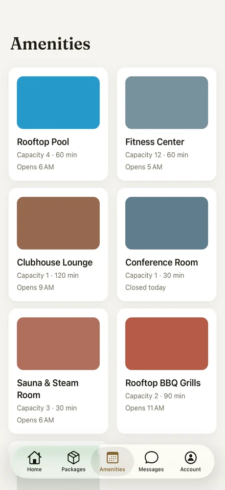 Luxe resident app amenities screen