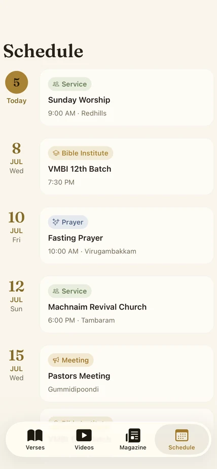 Victorious Ministries schedule screen