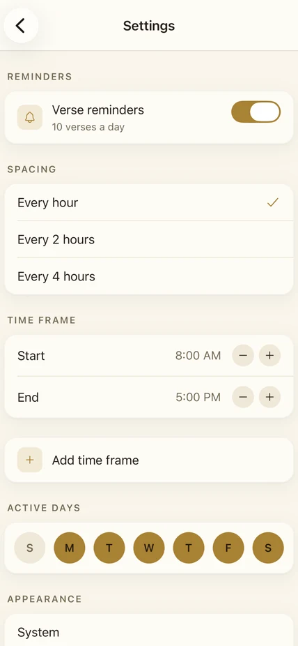 Victorious Ministries settings screen